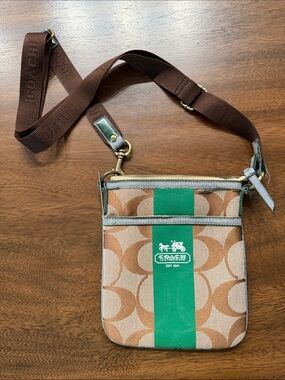 Coach Tan Signature Canvas Crossbody with Green Stripe